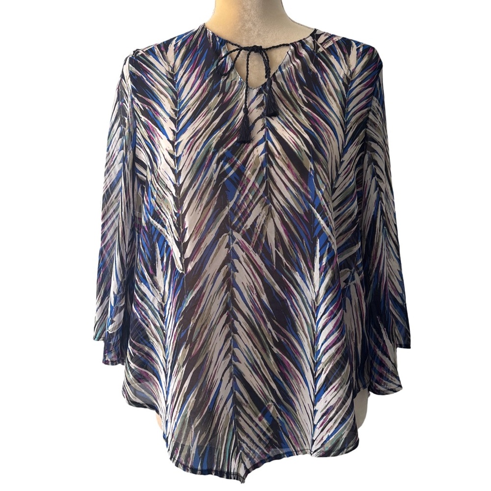 Banana Republic Sheer Womens Top Blue Purple Blk Wht Feather Pattern Blouse XS